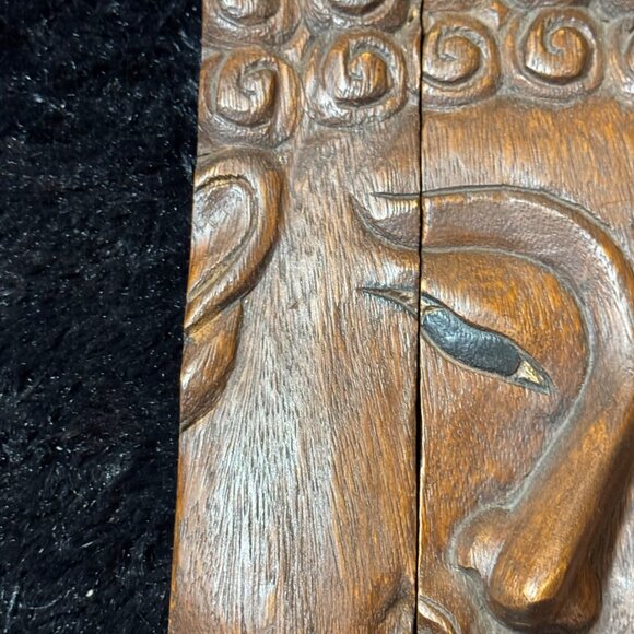 Vintage Hand-Carved Wood Transending Wisdom Buddha Face Wall Art 3-Piece Panel - Picture 3 of 7